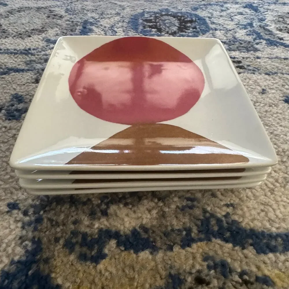 West Elm Luli Sanchez Abstract Circle 8” Square Plates Set of 4 Pink Brown